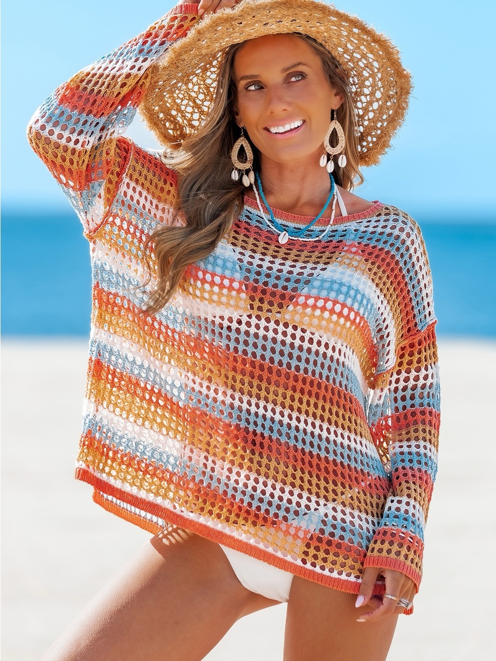 Beach Knit Cover-Up Sweater in Orange, Blue & White